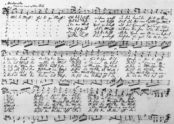 Autograph VII in der Handschrift Franz Xaver Grubers (ca. 1860). (Foto: https://commons.wikimedia.org/wiki/File:Stille_nacht.jpg)